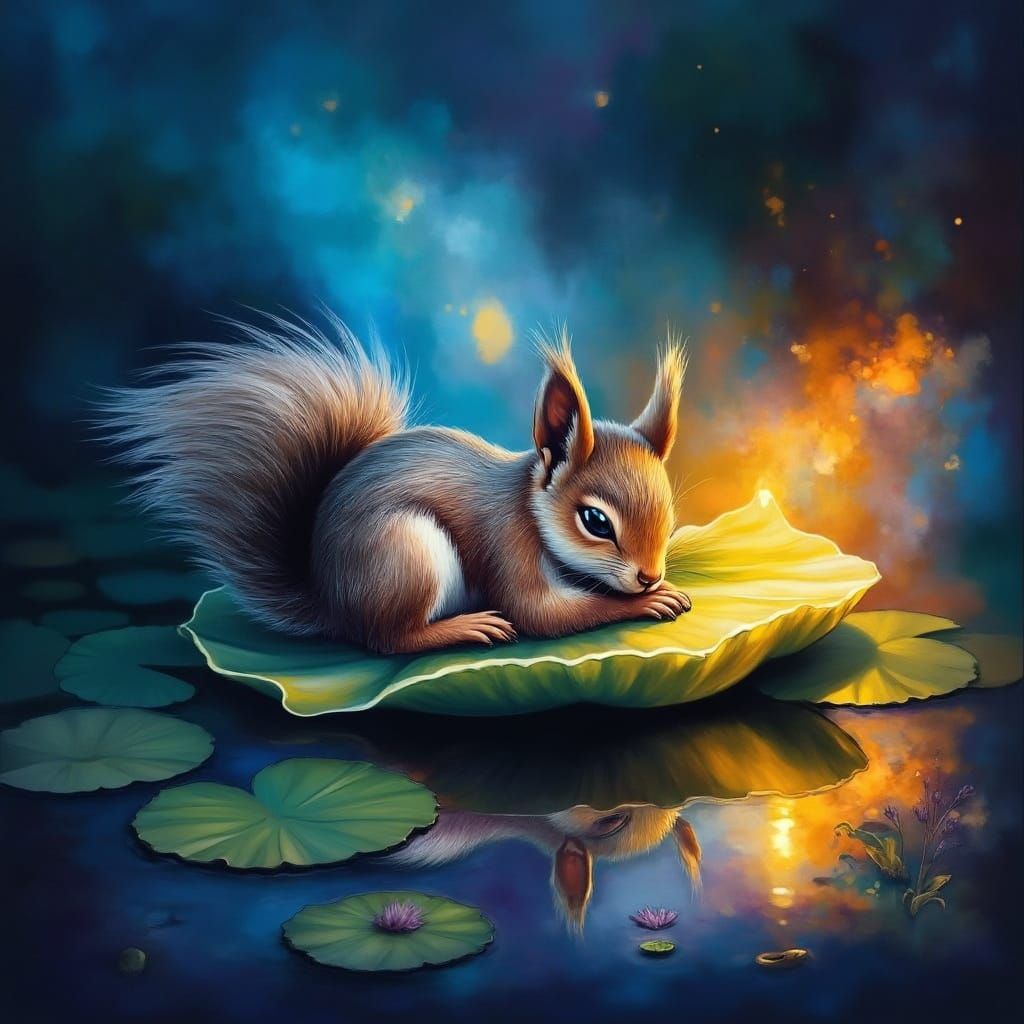 Whimsical Squirrel Slumber in Vibrant Misty Landscape