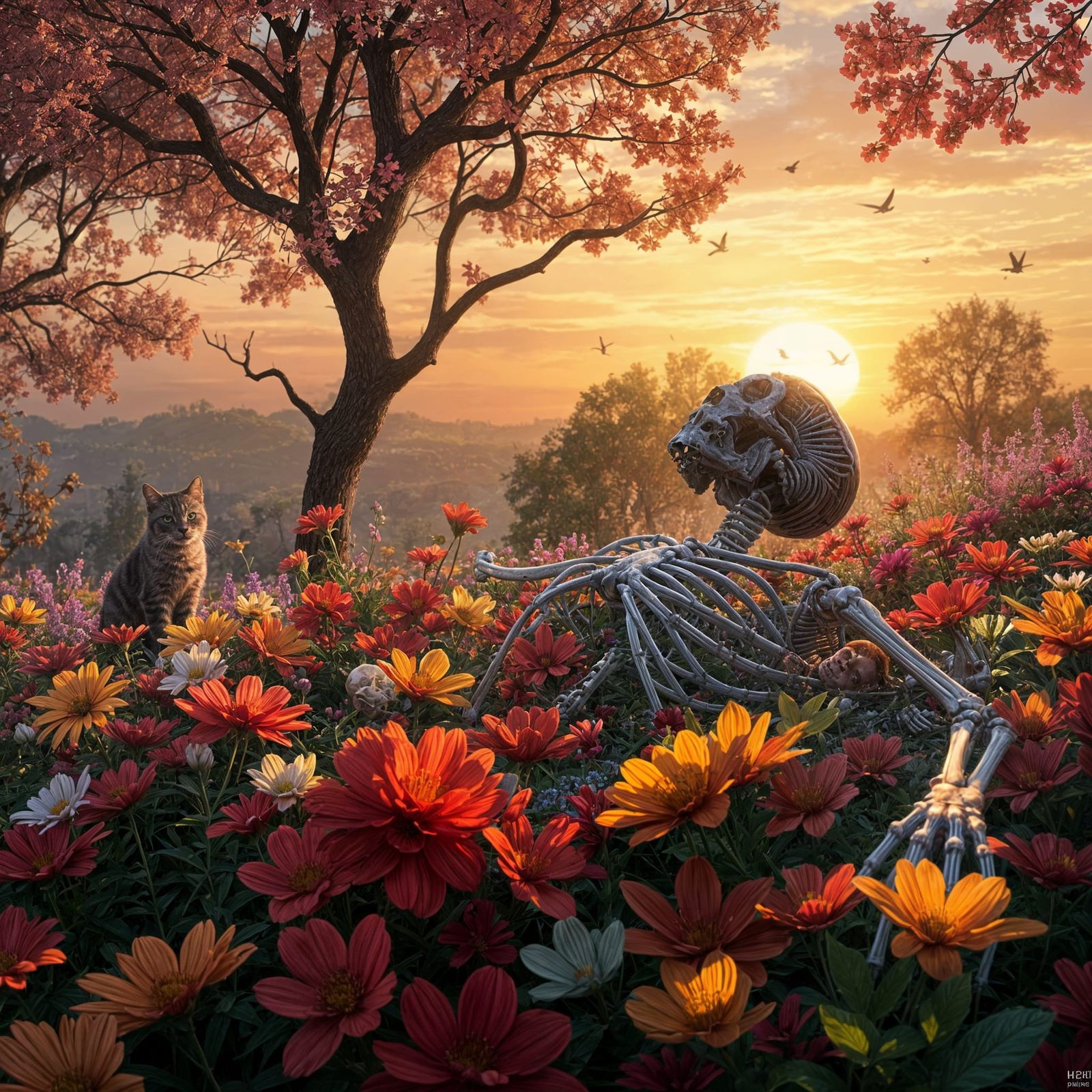 Skeleton, Cat, and Flowers at Sunset: Fantasy Concept Art