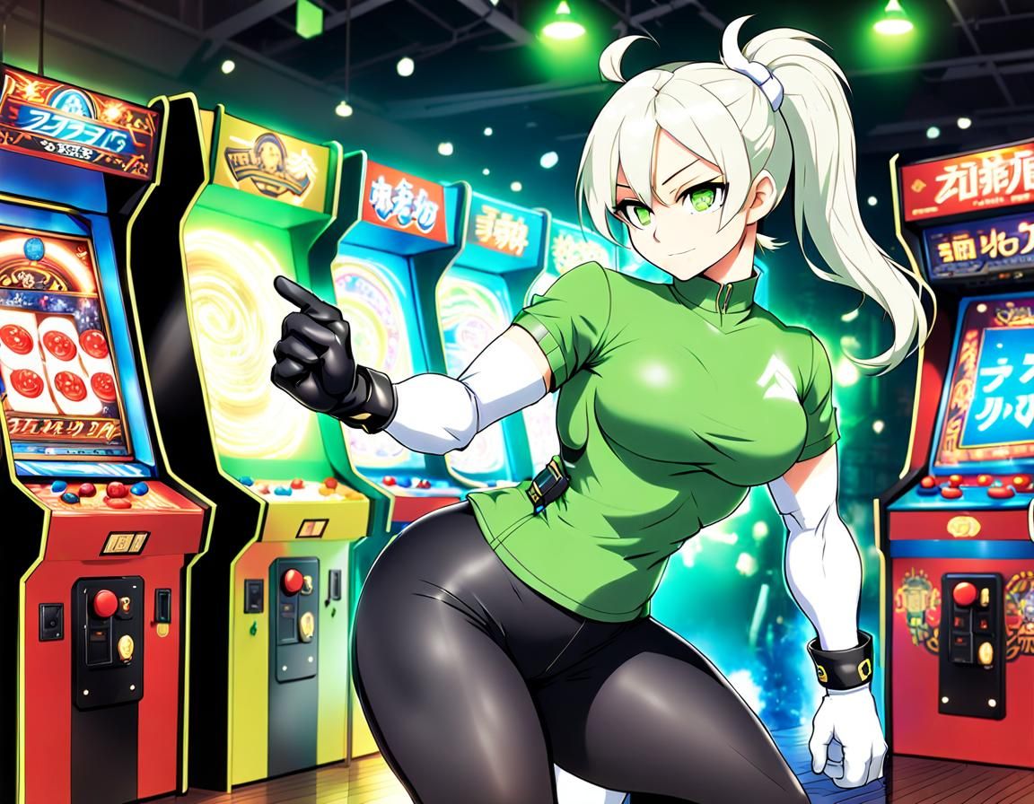 Anime Girl with Ponytail in Arcade
