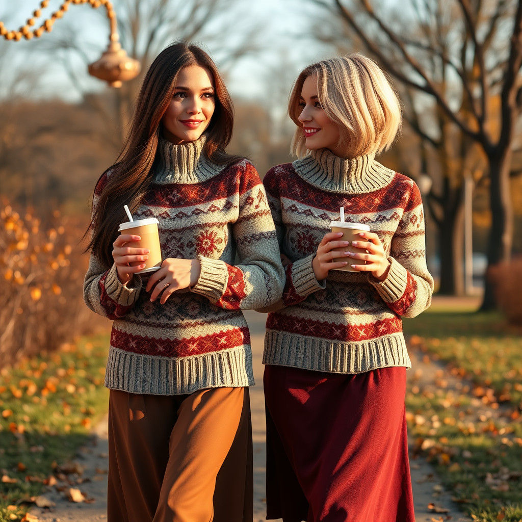 Elegant Friends in Autumn Park, Fantasy Concept Art