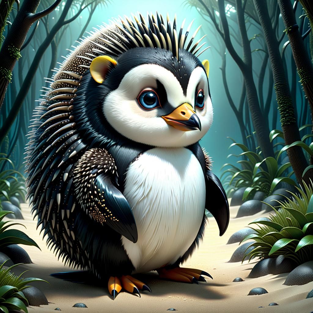 Surreal Penguin-Porcupine Hybrid in Fantasy Digital Painting