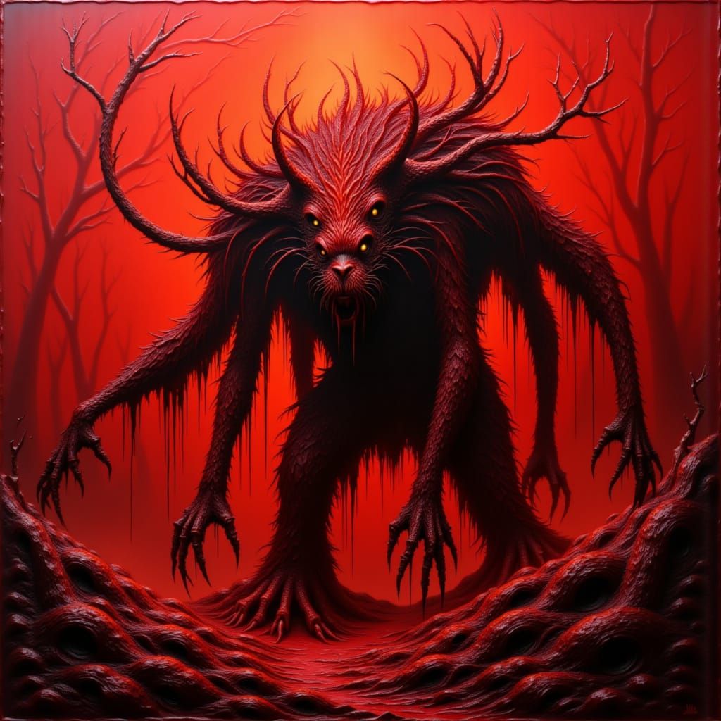 Colossal Molten Forest Creature Under Crimson Sky