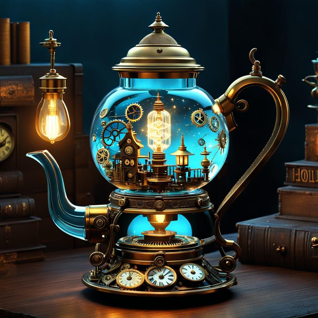 Steampunk Fairy Workshop Lamp in Glass Teapot