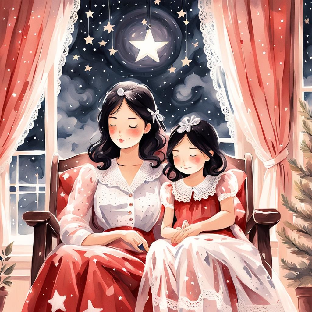 Cozy Watercolor: Mother and Child in Moonlight
