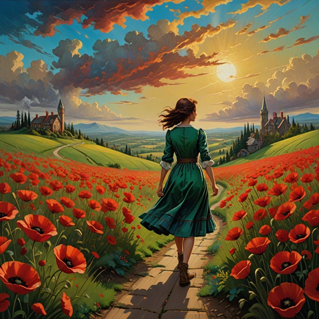 Dorothy on Yellow Brick Road, Emerald City in Distance