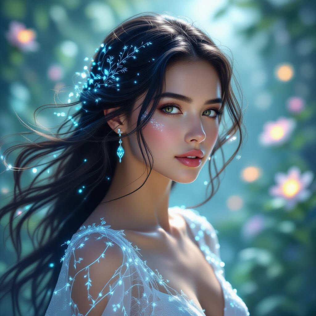 Ethereal Woman With Bioluminescent Hair and Cybernetic Impla...