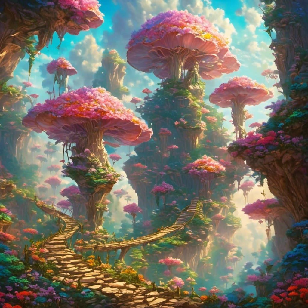 Fantasy Landscape with Cliffs, Flowers and Mushrooms