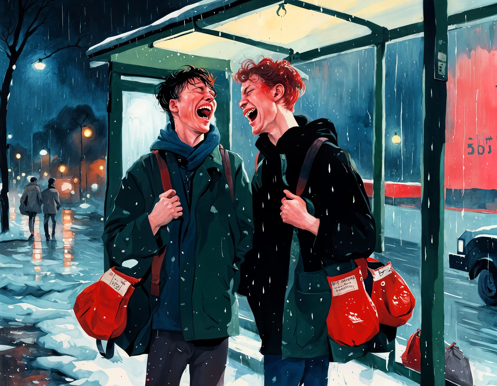 Boxers Laughing at Rainy Bus Stop Night Gouache Illustration