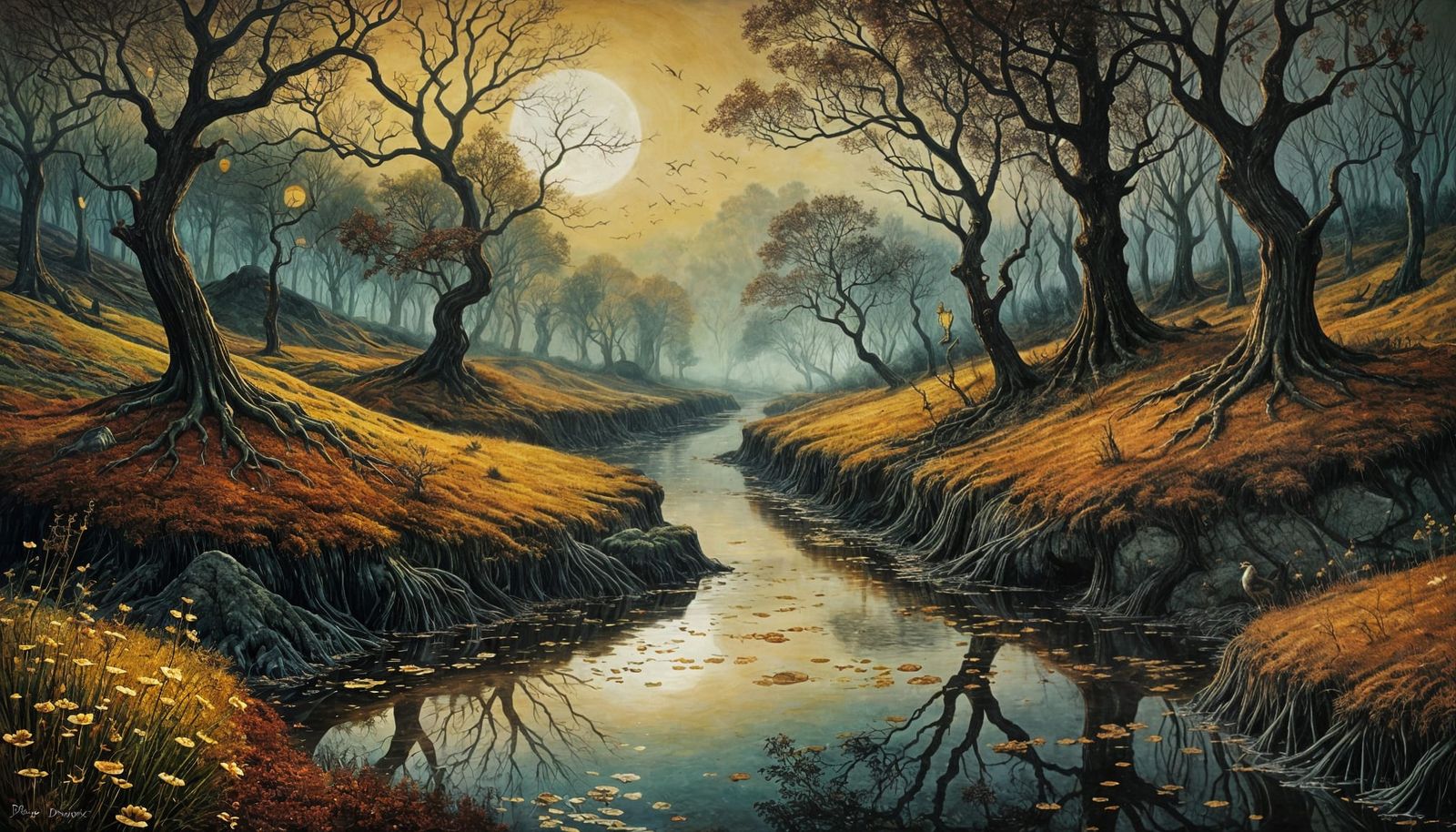 Dreamy Puddles Reflect Shimmering Metallic Hues in a Gothic...