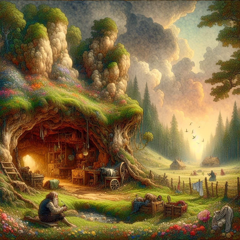 Dwarven Home in Hillside Cave: Fantasy Scene