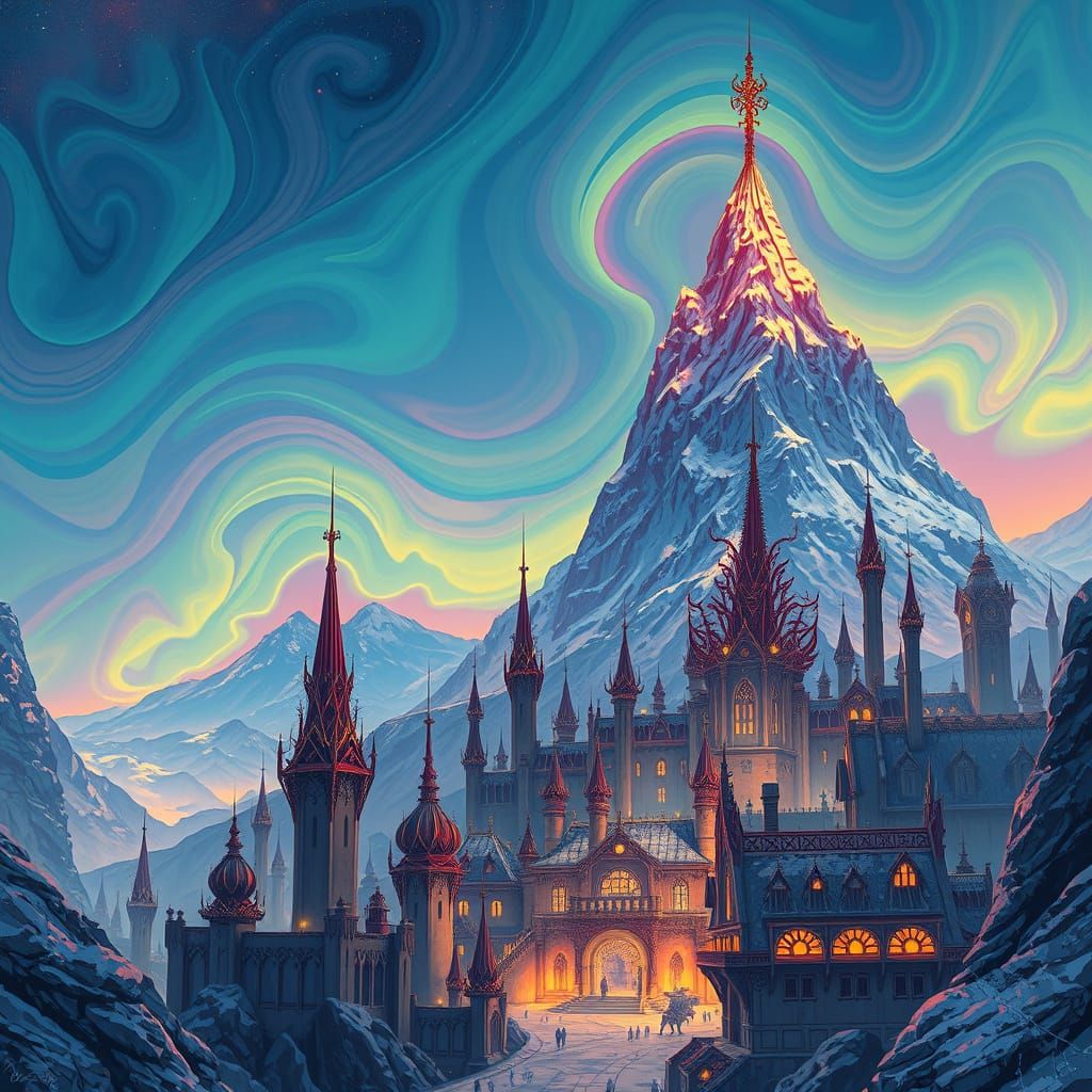 Mystical City Under Northern Lights, Psychedelic Illustratio...