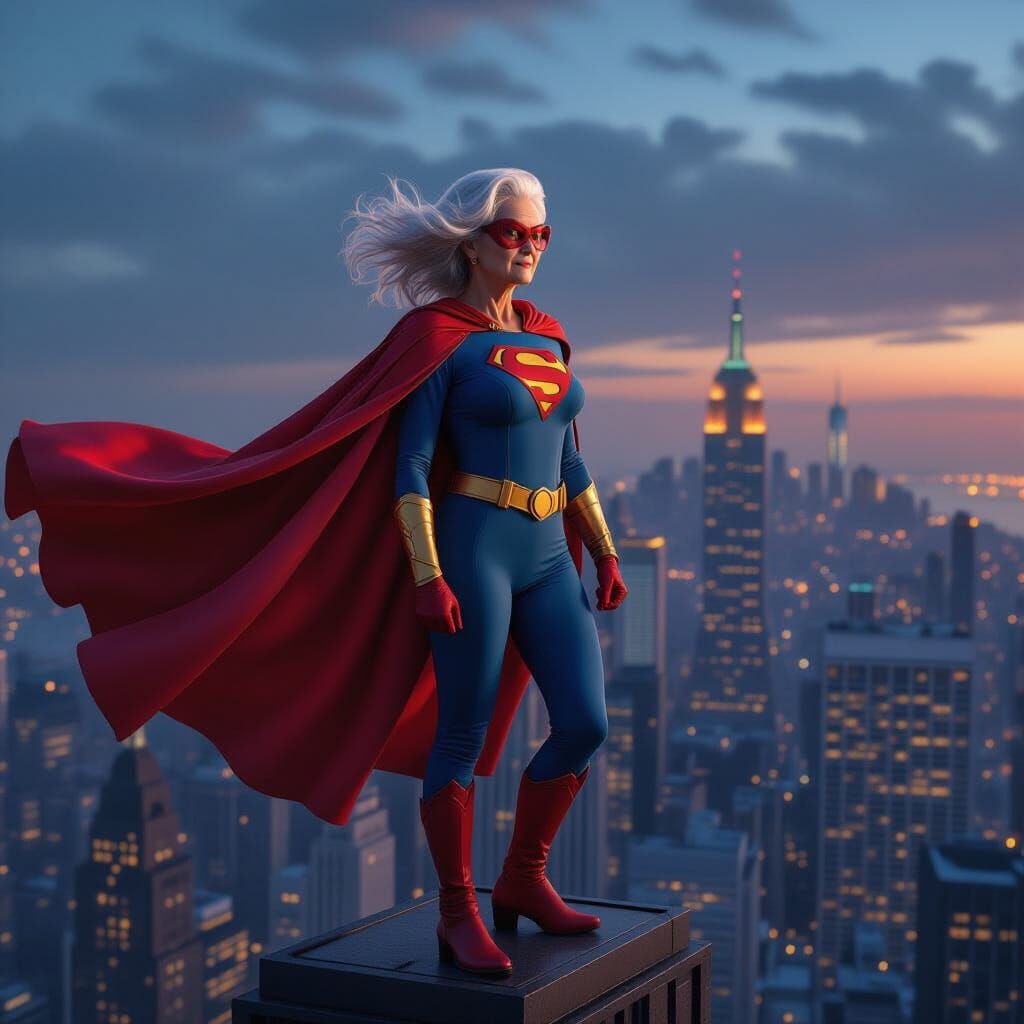 Elderly Superhero Overlooking City at Night