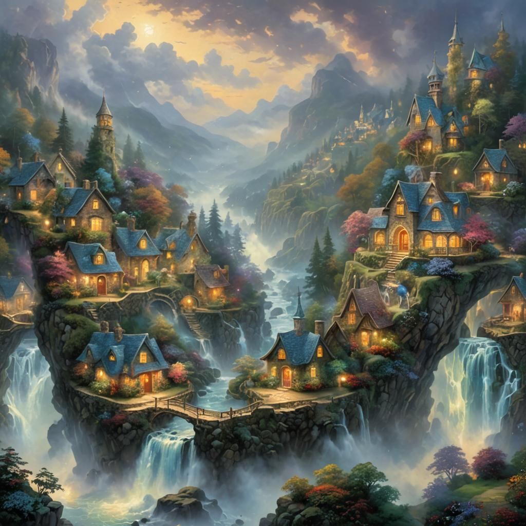 Ethereal Fantasy Village in Kinkade Style