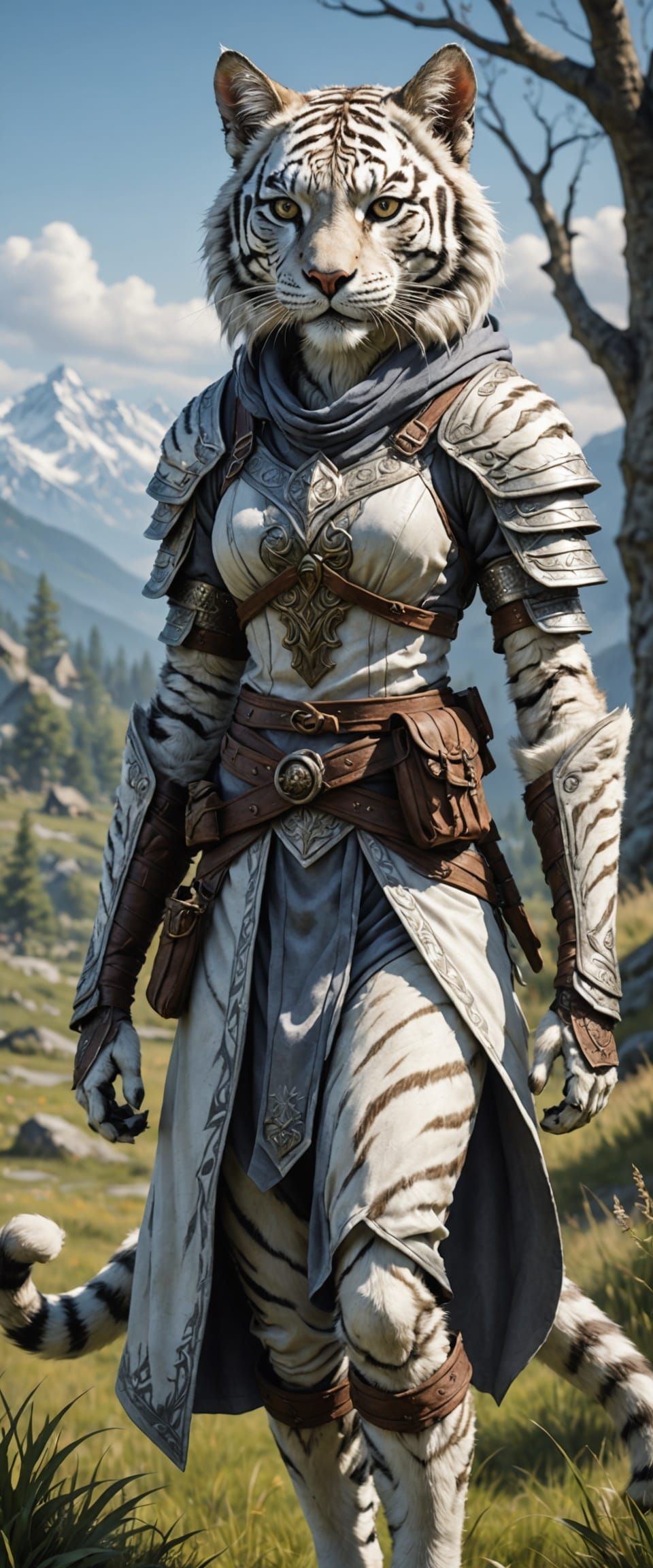 Full body, hyper-realistic Khajiit character with white tiger fur, she has light grey eyes, she is skinny but curvy, She...
