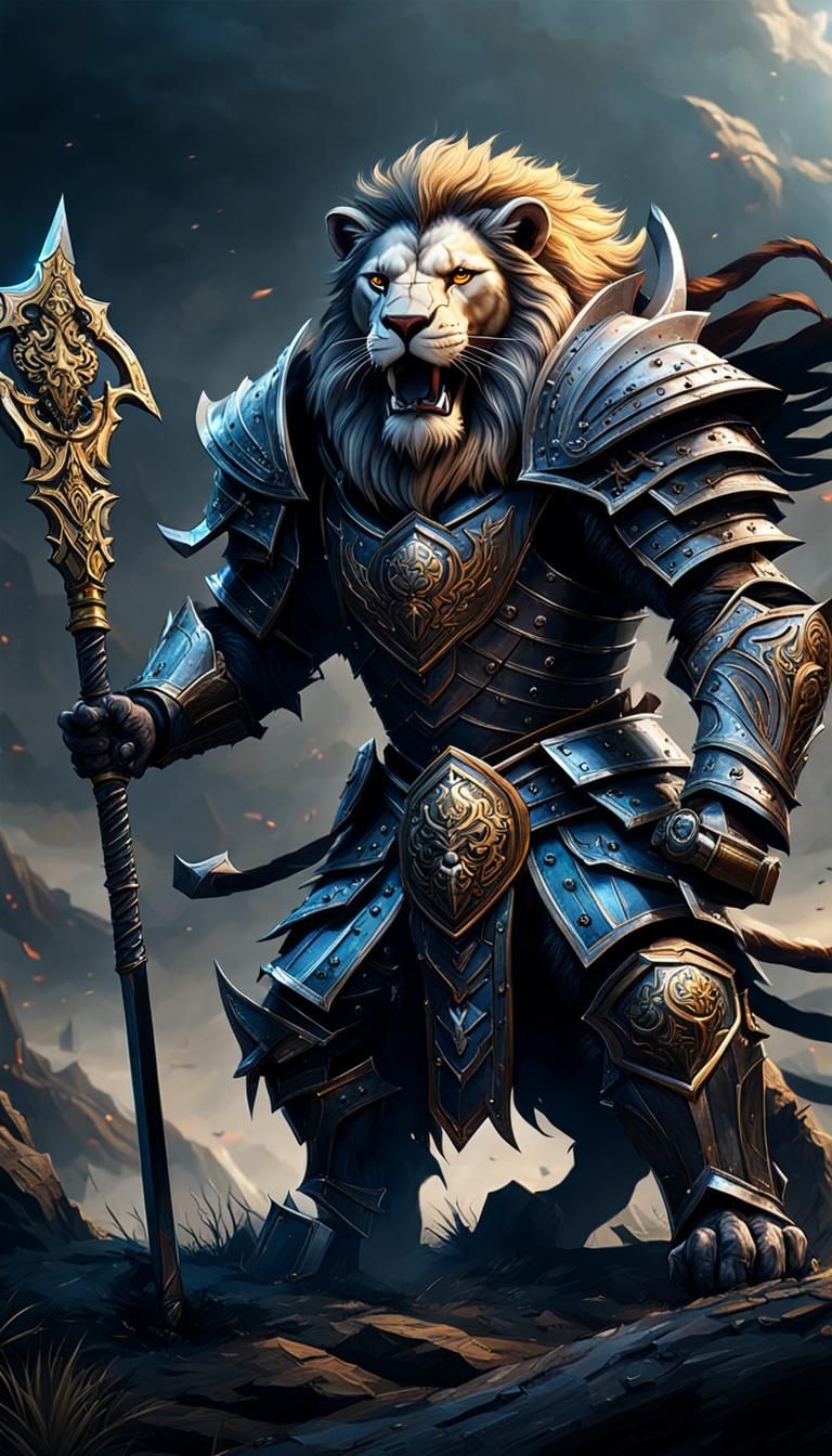 Armored Lion Warrior with Scythe in Dark Fantasy Style