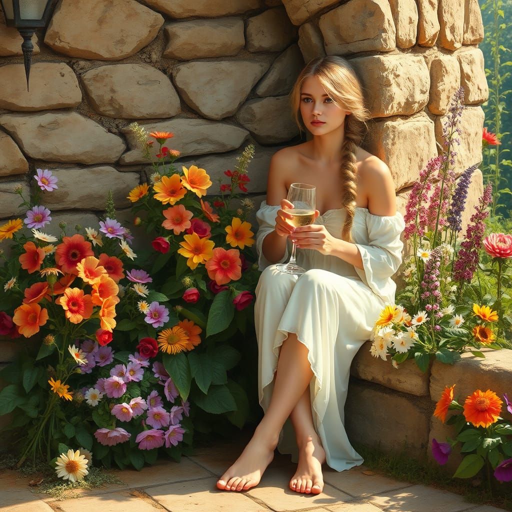 Woman with Wine Glass in Fairyland, Art Nouveau Style