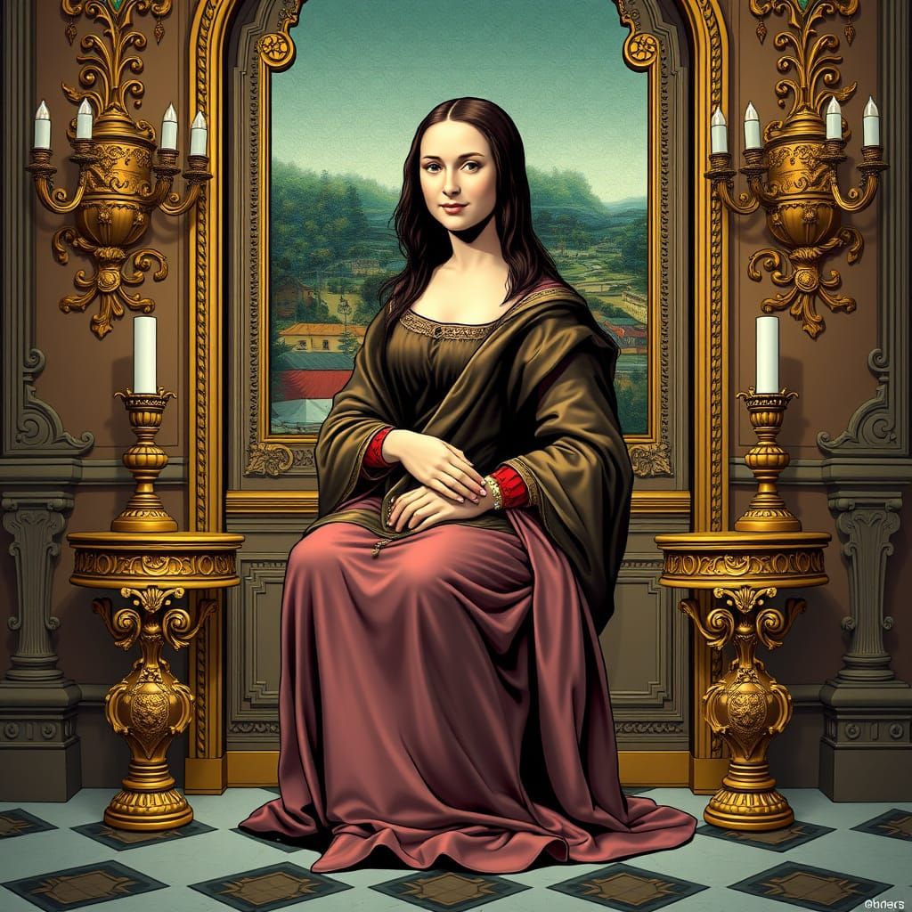 Mona Lisa on a Golden Toilet in Comic Book Art