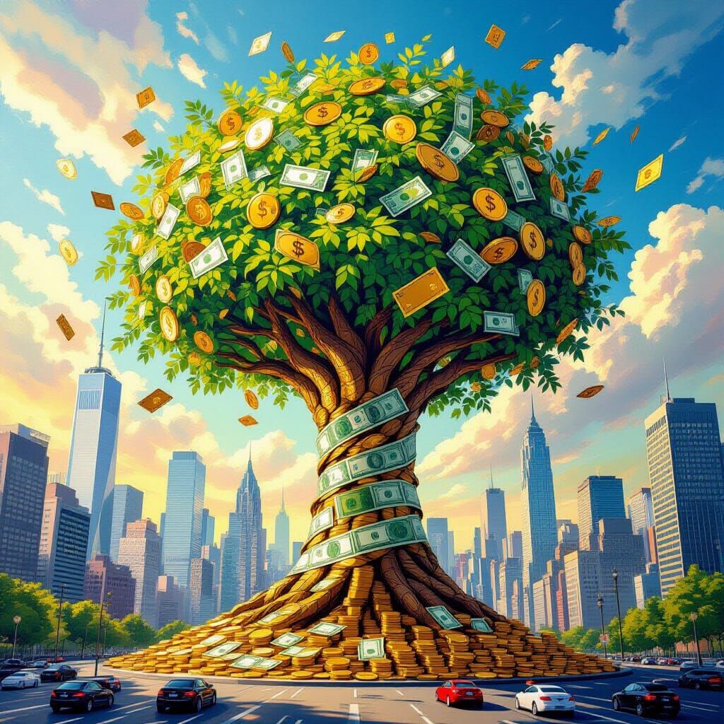 Colossal Money Tree in Metropolis, Hyperrealistic Art