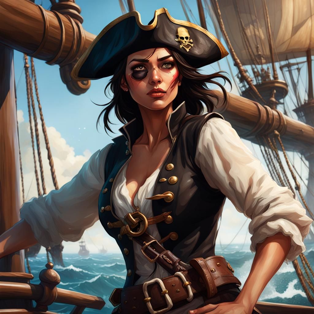 Mischievous Female Pirate on Ship in Hyperrealistic Style