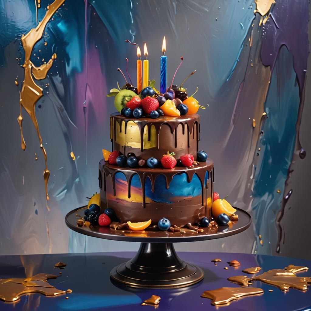 Futuristic Birthday Cake: Vibrant Oil Painting Concept Art