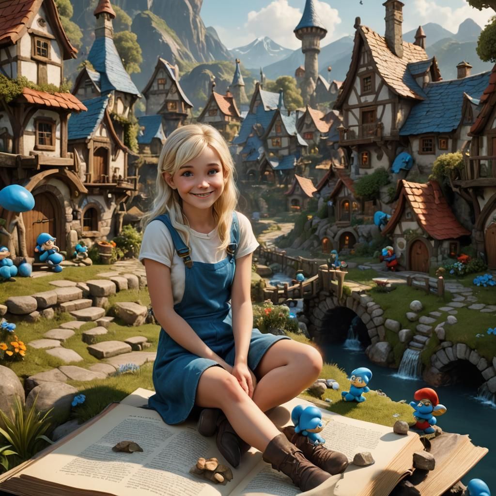 Girl on Storybook in Fantasy Village, Detailed Matte Paintin...