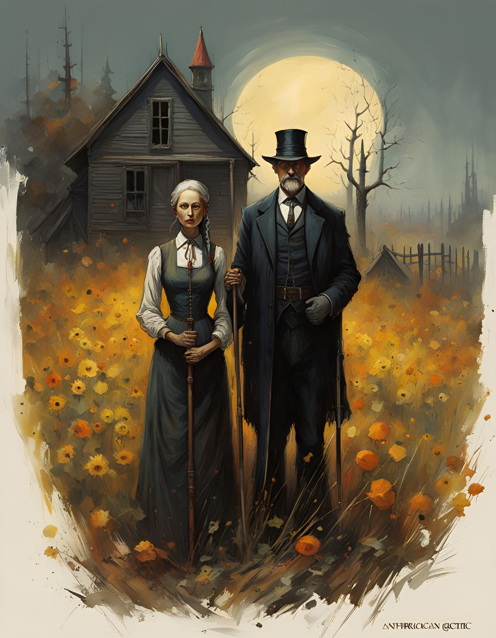 Neogothic Crayon Caricature in American Gothic Style