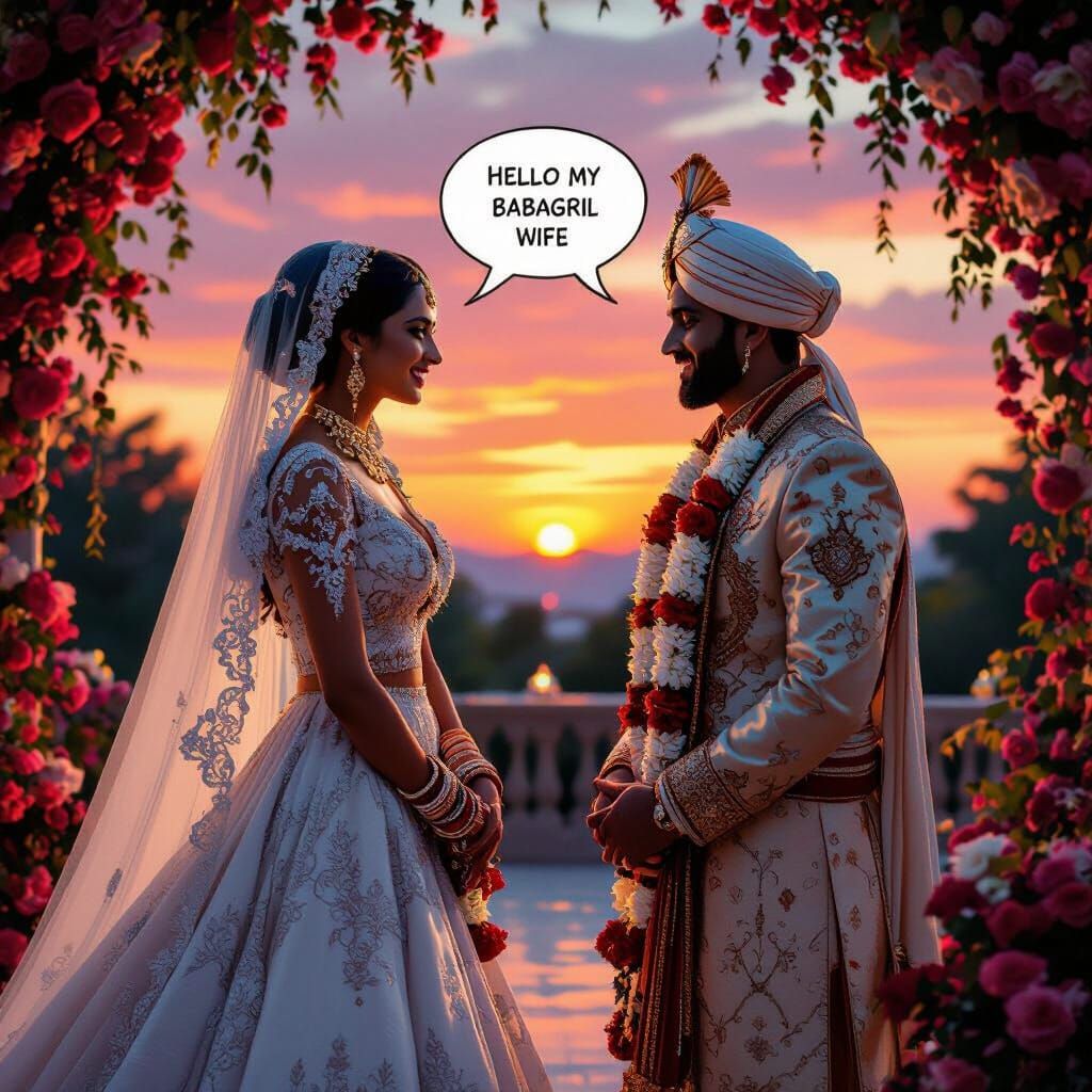 Romantic Sunset Wedding Celebration in Oil Painting Style