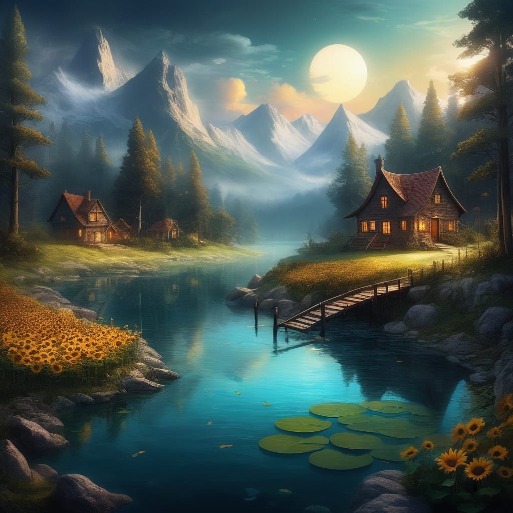 Bioluminescent Sunflowers at Sunset: Fantasy Landscape