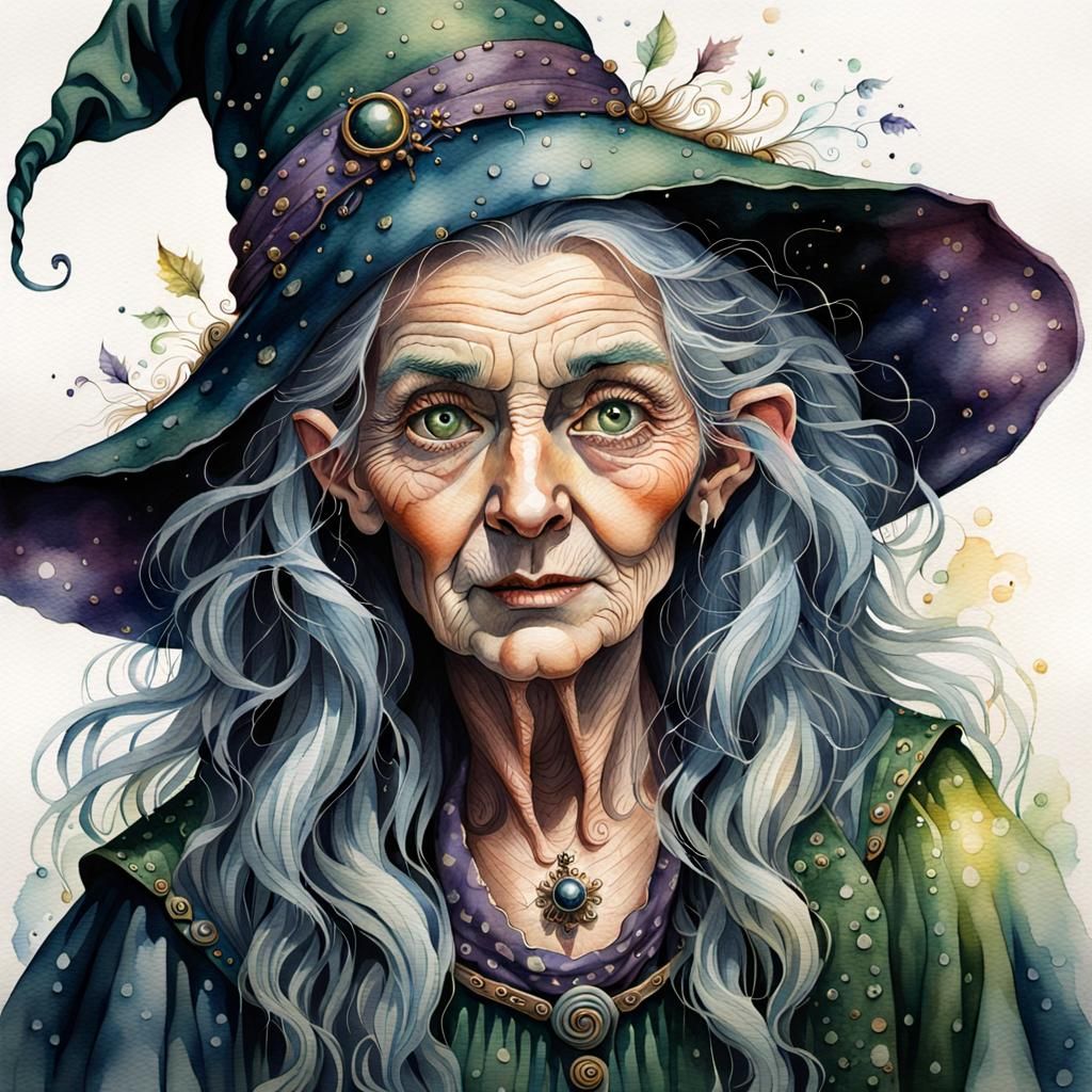 Whimsical Watercolour Portrait of a Fantasy Witch