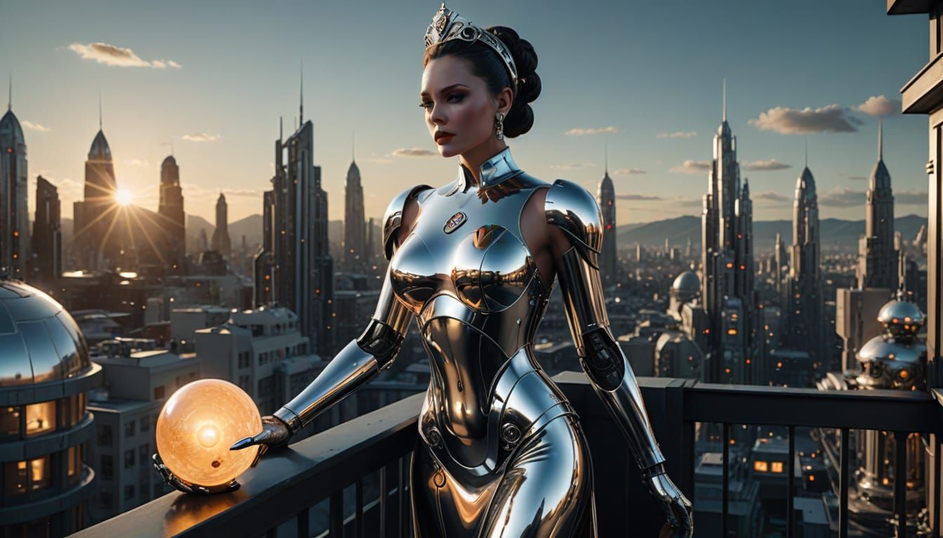 Chrome Empress Overlooks Robot City in Sci-Fi Vogue Style