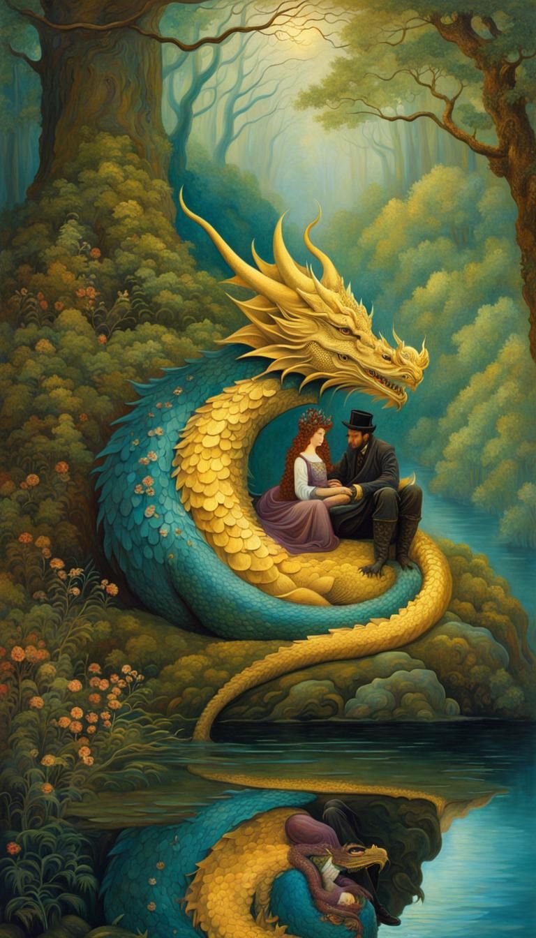 Dragon and Rider's Lakeside Embrace: Klimt-Inspired Art