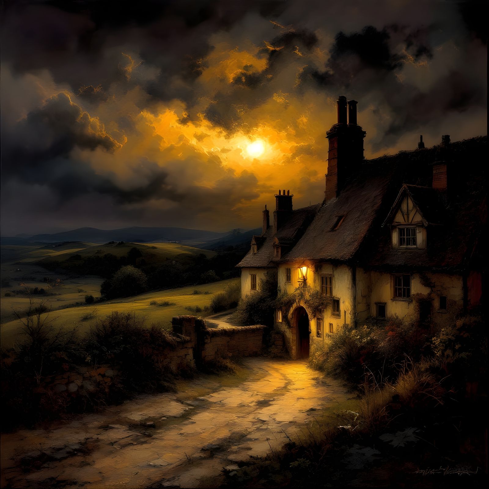 English Cottages in Rembrandt-Inspired Oil Painting