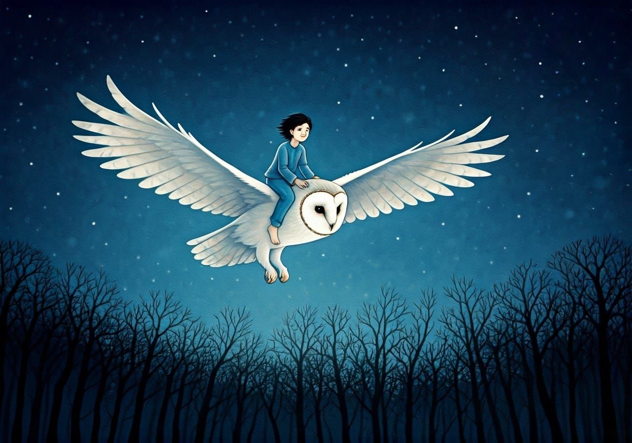 Whimsical Nocturnal Scene with Dark-Haired Youth and Majesti...