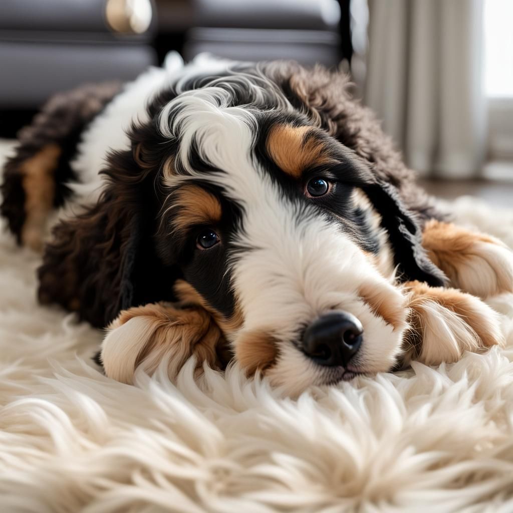 Sleeping Bernedoodle Puppy on Sheepskin Rug