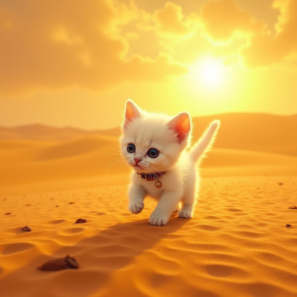 Fluffy Kitten's Desert Walk: Whimsical Digital Art