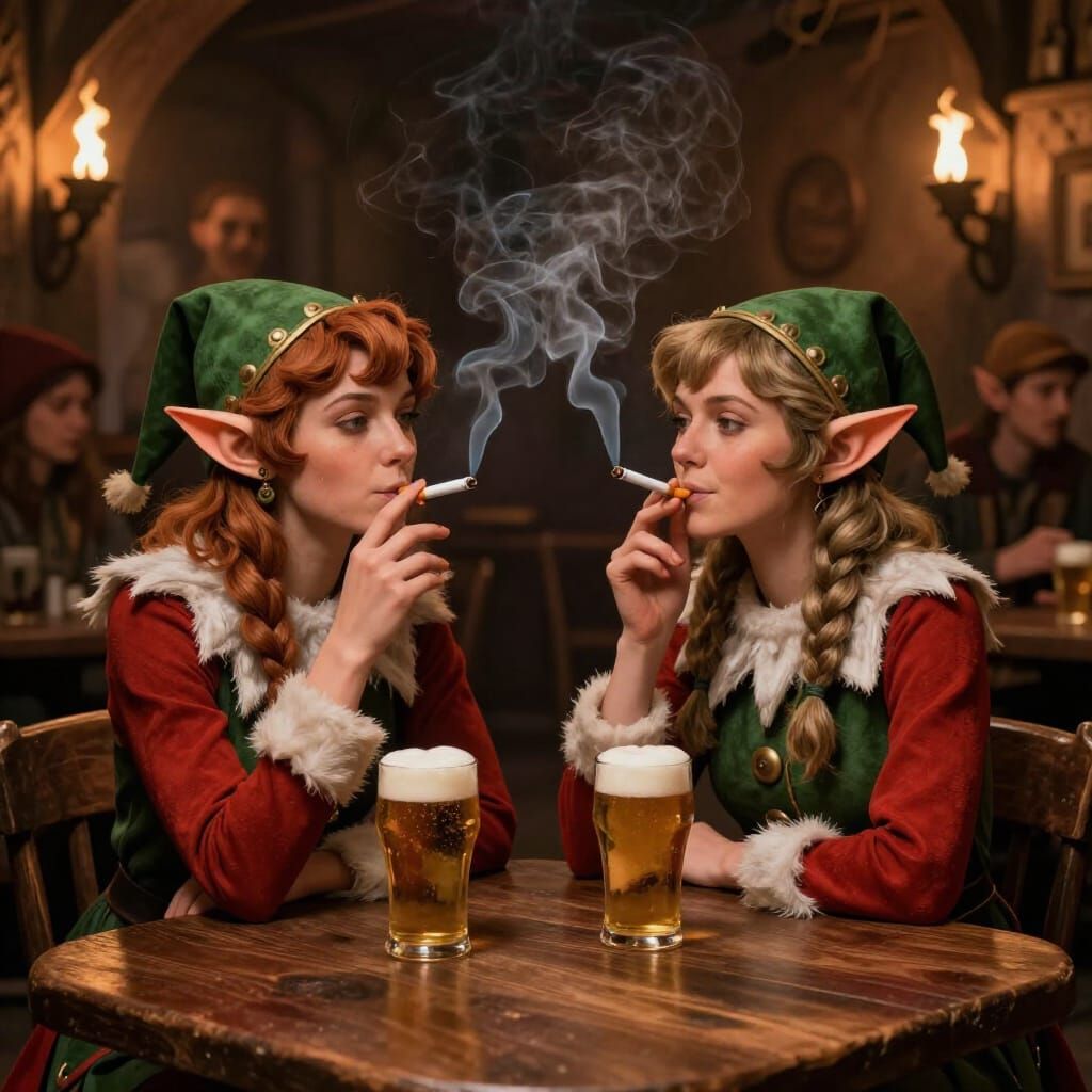 Santa's Elves Relaxing in a Medieval Tavern