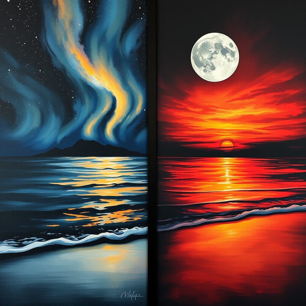 Sunset and Aurora Meet in Impasto Gouache Style