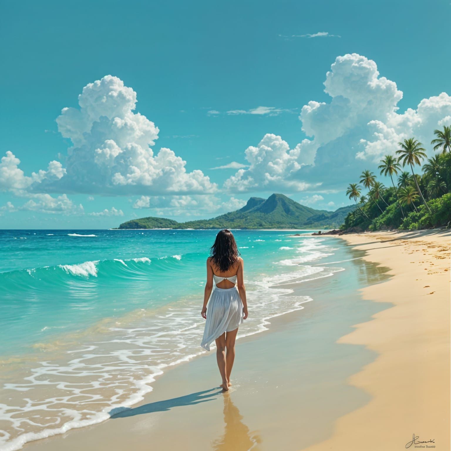 Dreamy Beach Scene with Tropical Island