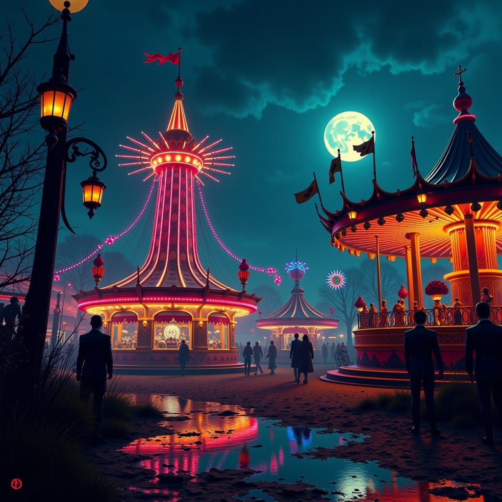 Mystical Carnival at Dusk in a Futuristic Style