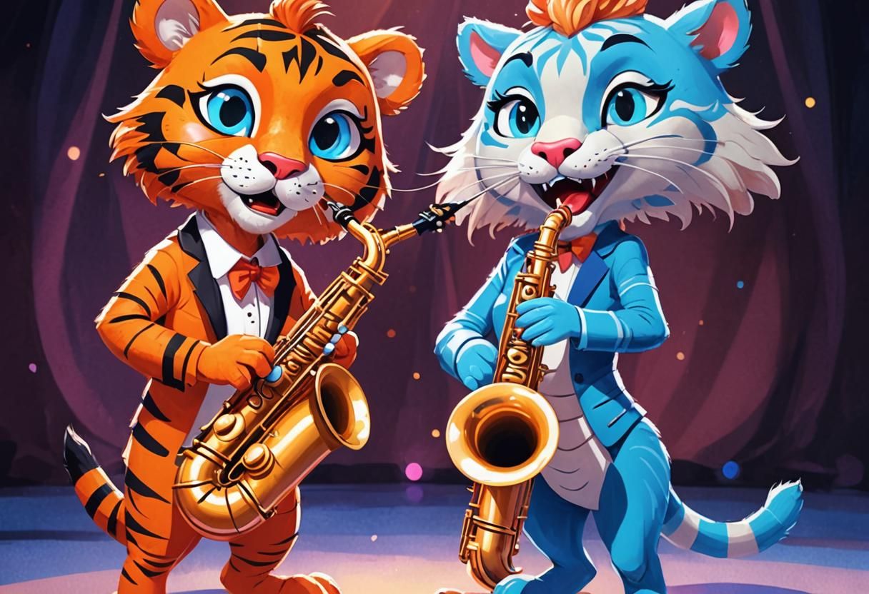 Anthropomorphic Tigers playing jazz on their Saxophone