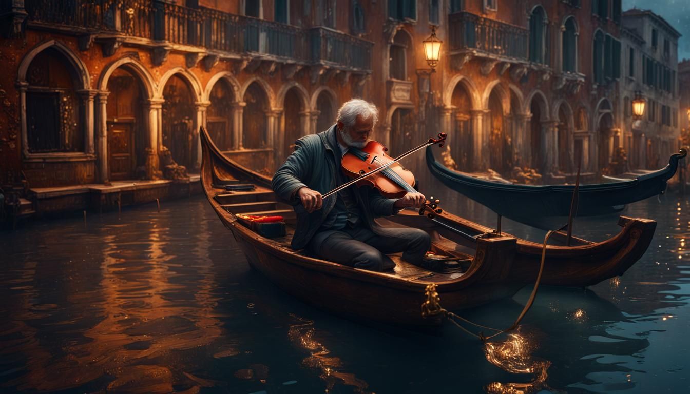 Rainy Venice Night: Violinist's Reflection, Detailed Matte P...