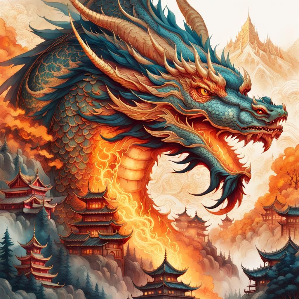 Dragon Portrait with Burning Village in Digital Painting