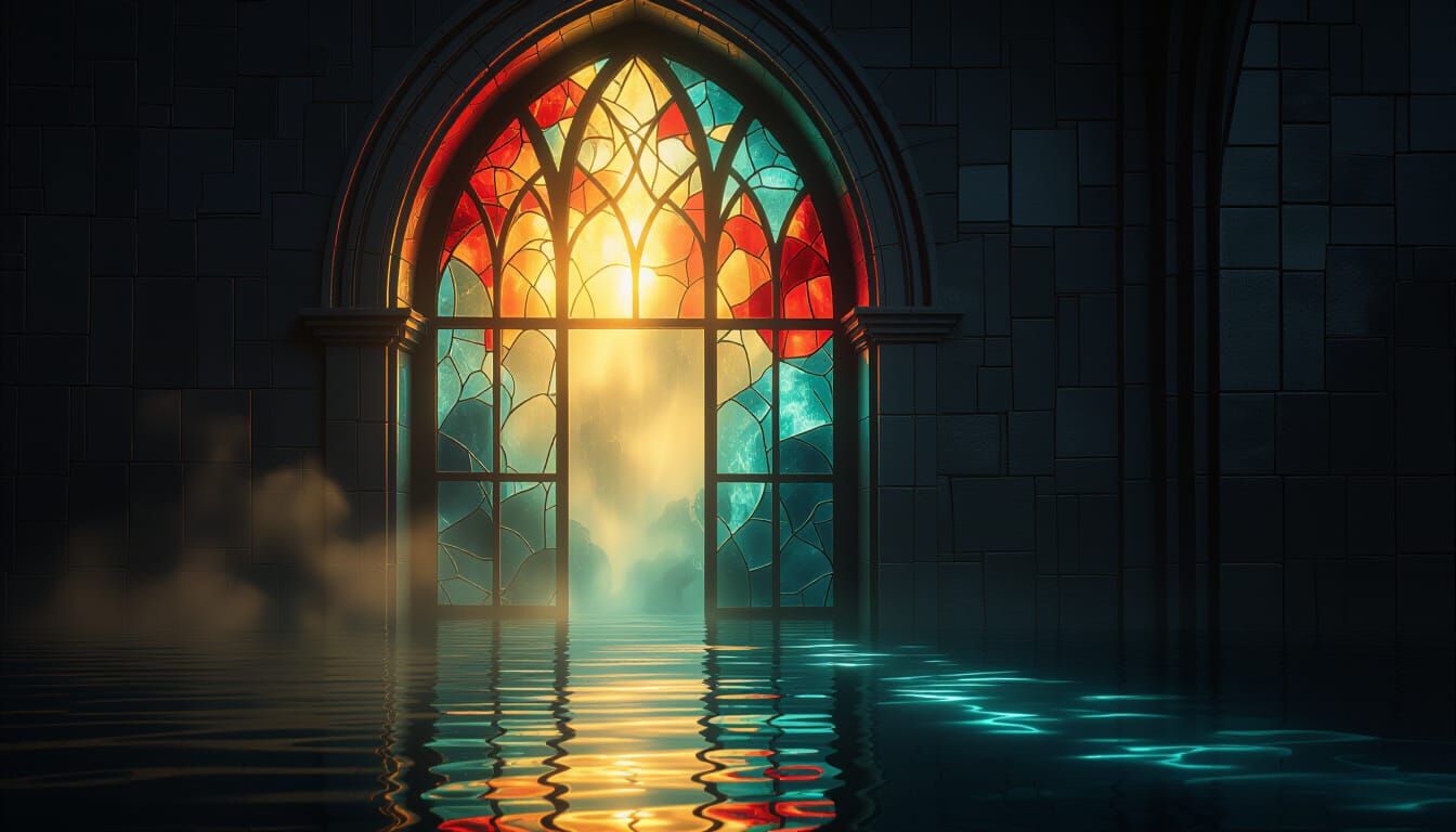 Surreal Glowing Light Through Stained Glass Wall
