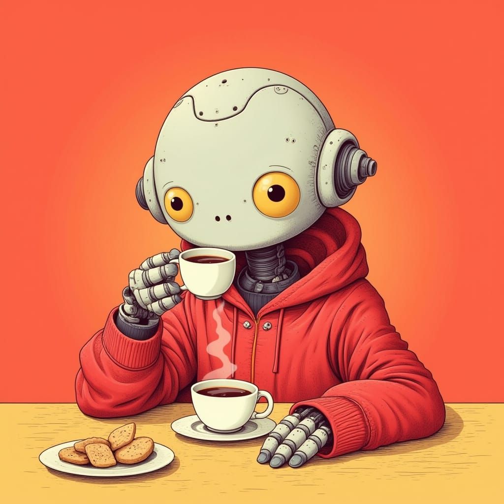Sleek Android Sips Coffee in Cozy Setting