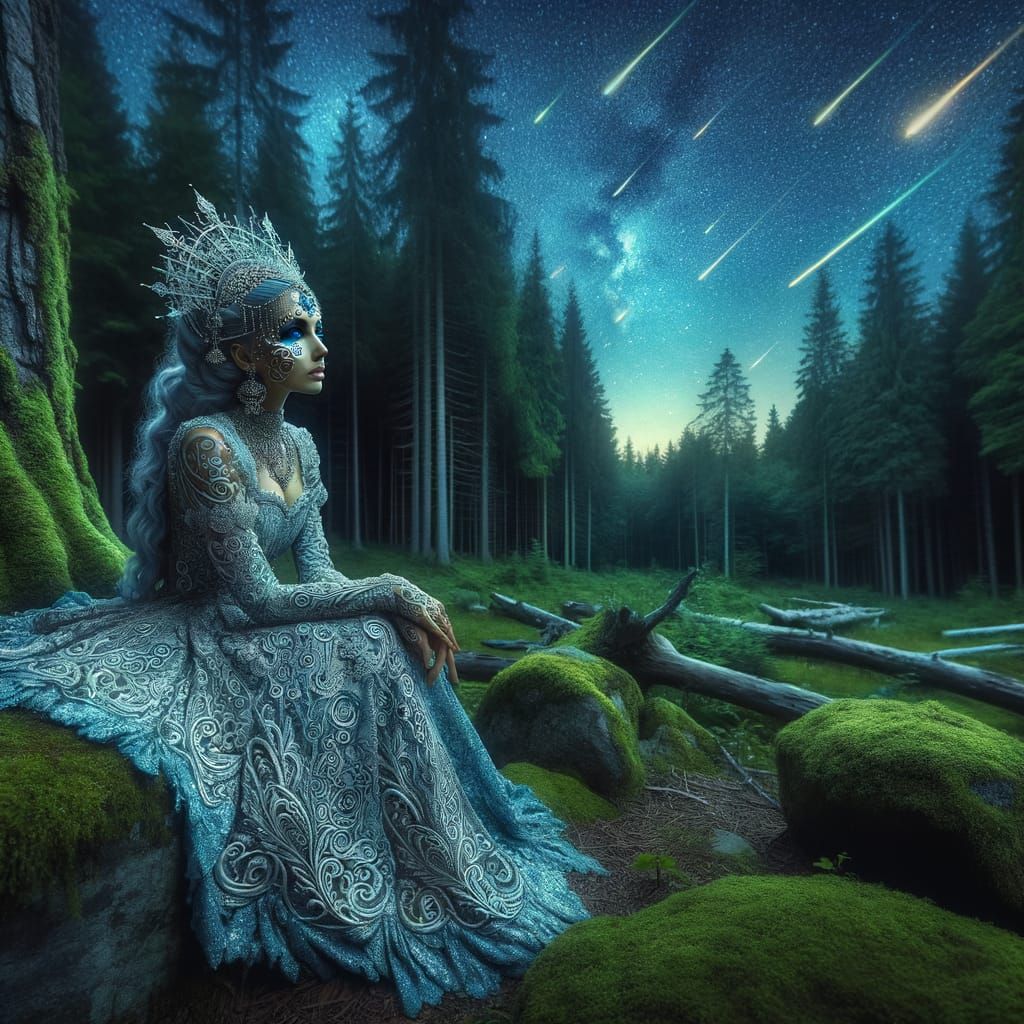 Moon Fairy in Enchanted Forest Watching Meteor Shower