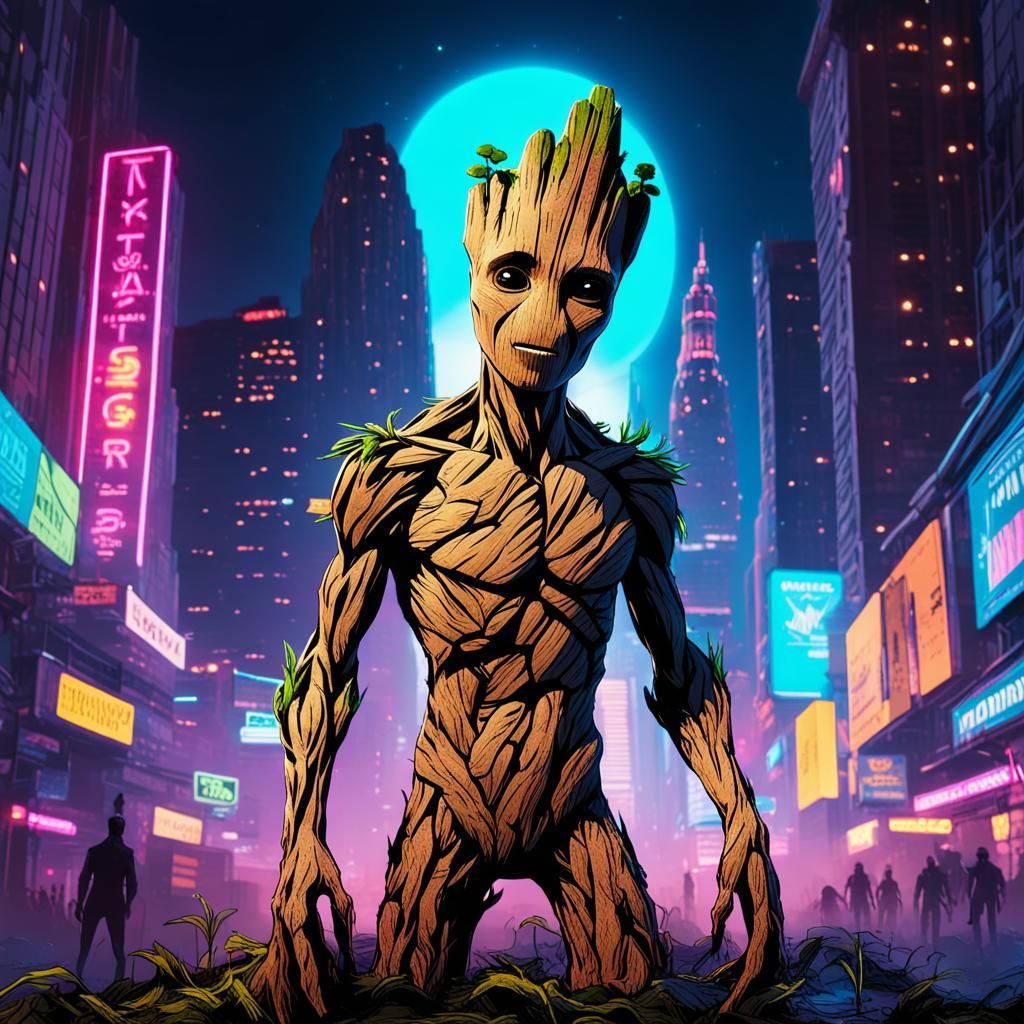 Groot in a Futuristic Extraterrestrial Cityscape