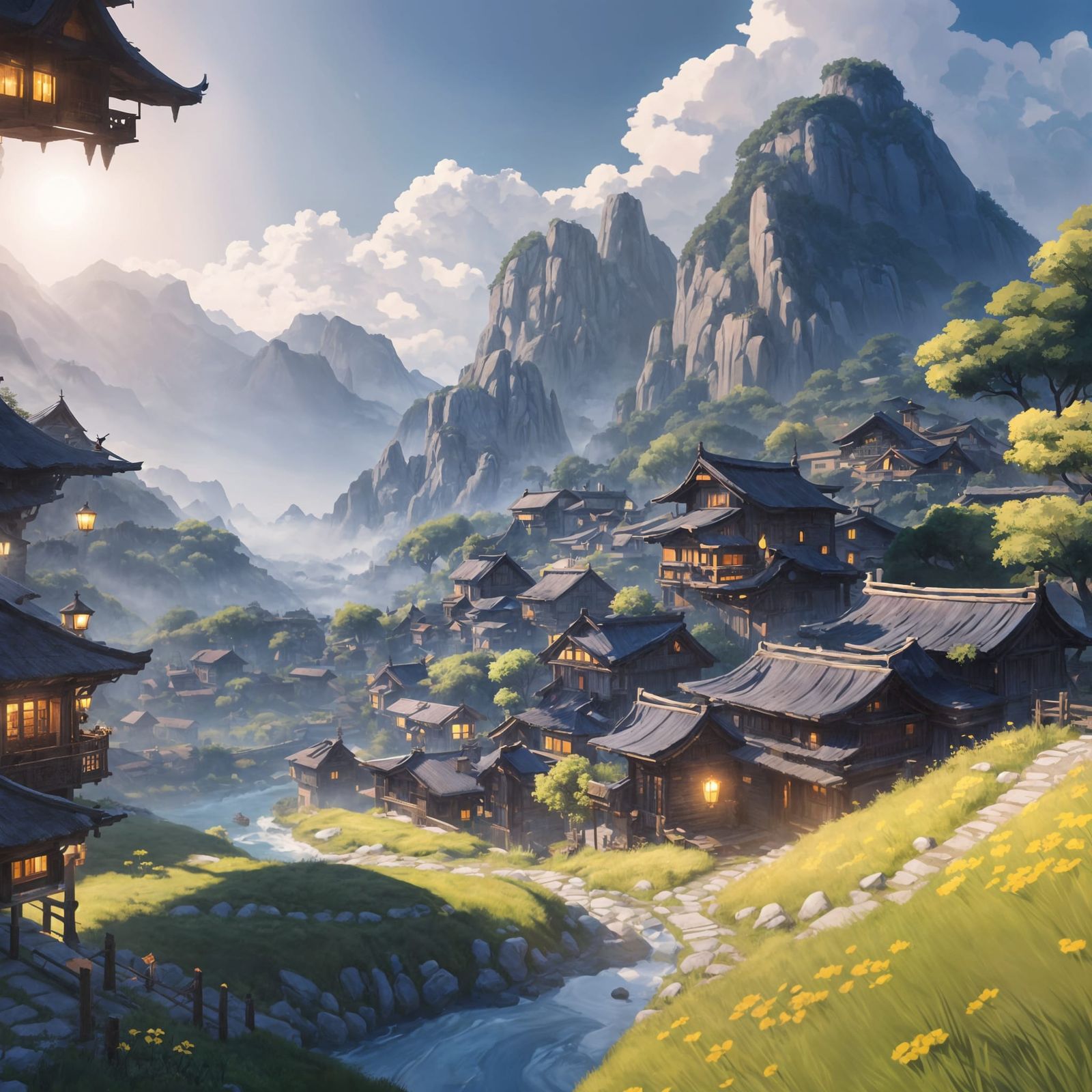 Mystical Mountain Village in Anime Style