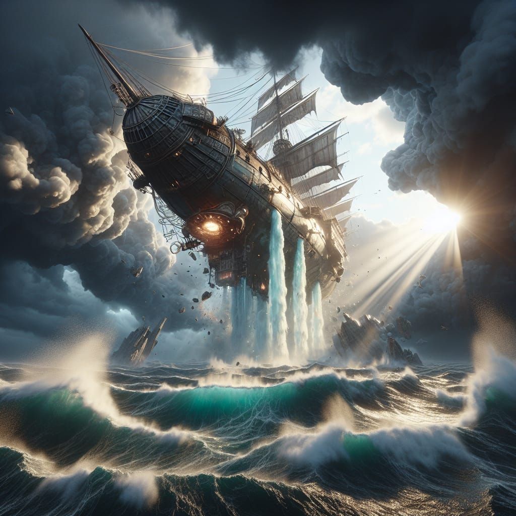 Fantasy Airship Spiraling Towards Raging Sea