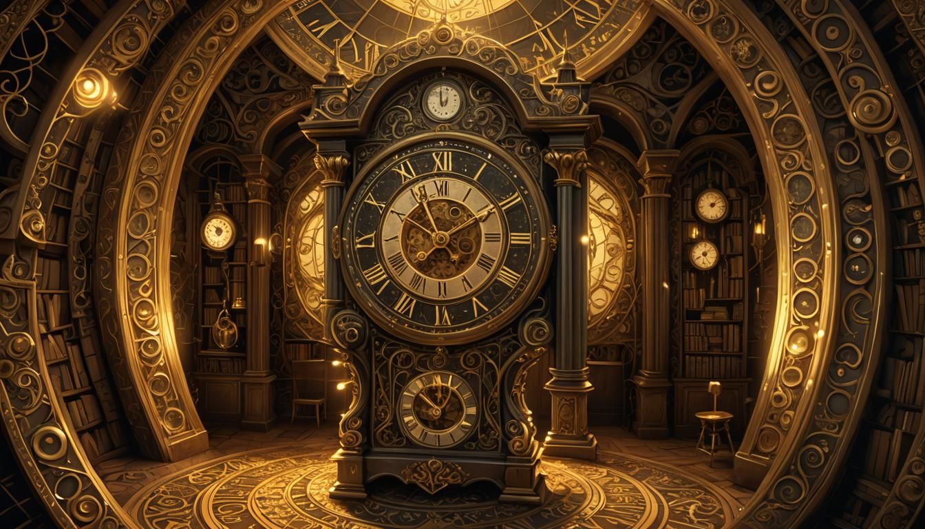 Magical Clock in Wizard Study: Fractal Illustration