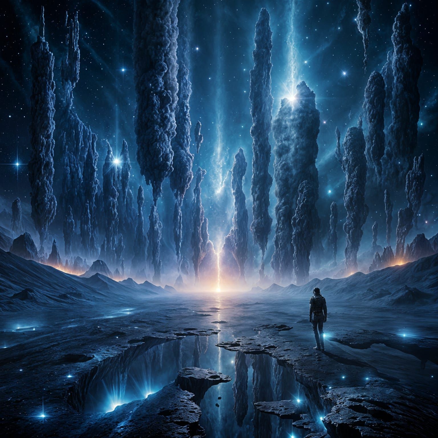 Ethereal Pillars Ascend to Lunar Sky